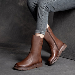 Women Solid Cowhide Casual Mid Calf Boots Newgew Shoes