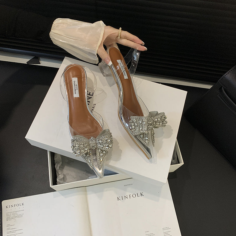Pointed rhinestone thick heel transparent bow sandals NewGew