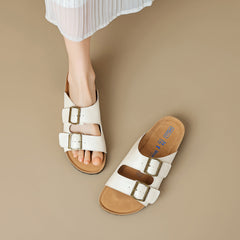 Women Soft Leather Summer Buckle Slides Sandals Newgew Shoes