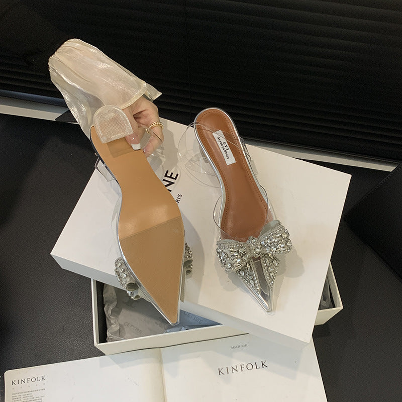 Pointed rhinestone thick heel transparent bow sandals NewGew