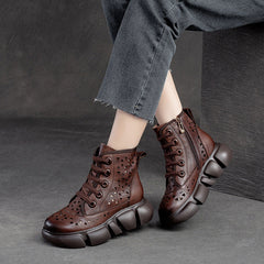 Women Hollow Leather Retro Casual Boots Newgew Shoes