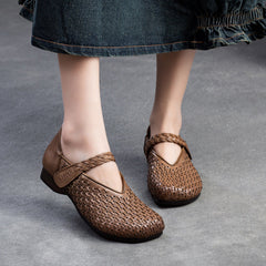 Women Retro Plaited Leather Soft Velcro Flats Newgew Shoes