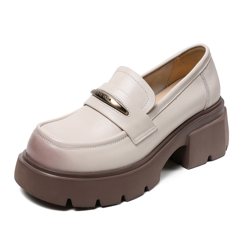 Women Minimalist Cowhide Retro Chunky Soled Loafers Newgew Shoes