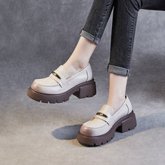 Women Minimalist Cowhide Retro Chunky Soled Loafers Newgew Shoes