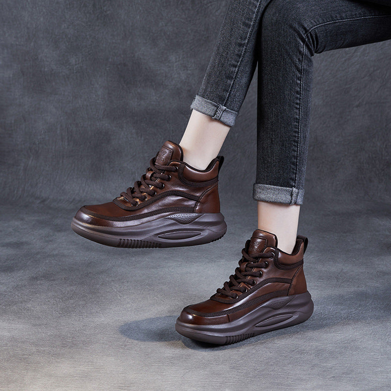 Women Retro Leather High-Top Thick Soled Casual Shoes Newgew Shoes