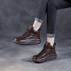 Women Retro Leather High-Top Thick Soled Casual Shoes Newgew Shoes