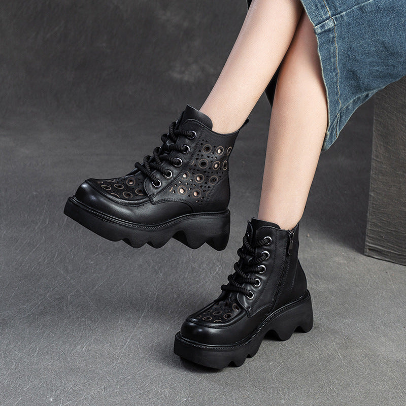 Women Minimalist Hollow Leather Lug Sole Casual Boots Newgew Shoes