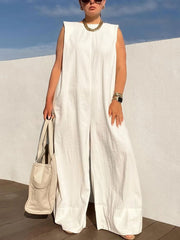 Solid Color Loose Casual Sleeveless Round Neck Wide Leg Trousers Jumpsuit Newgew Dresses