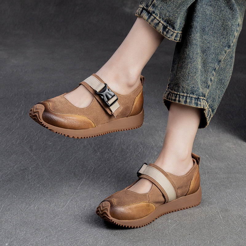 Women Retro Patchwork Leather Flat Casual Shoes Newgew Shoes