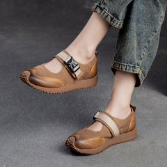 Women Retro Patchwork Leather Flat Casual Shoes Newgew Shoes