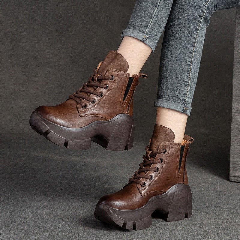 Women Retro Minimalist Leather Chunky Platform Boots Newgew Shoes