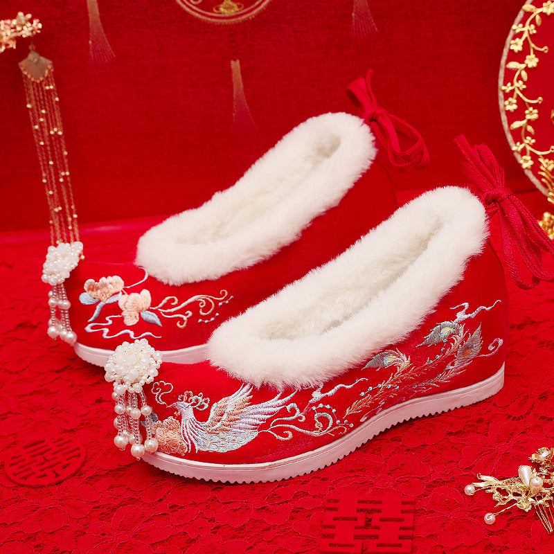 Women's Winter Fleece-lined Pearl Tassel Warped Head Canvas Shoes Newgew