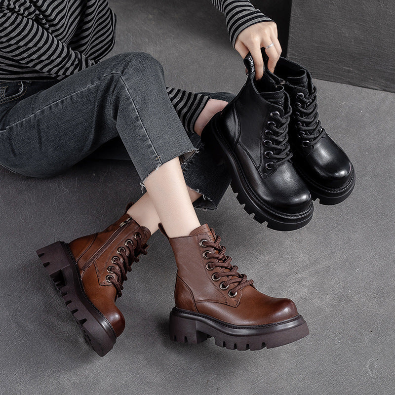 Women Retro Minimalist Classic Leather Lug Sole Boots Newgew Shoes