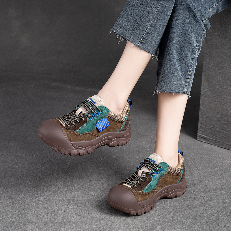 Women Color Matching Leather Thick Soled Casual Shoes Newgew Shoes