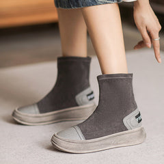 Women Minimalist Patchwork Elastic Canvas Flat Boots Newgew Shoes