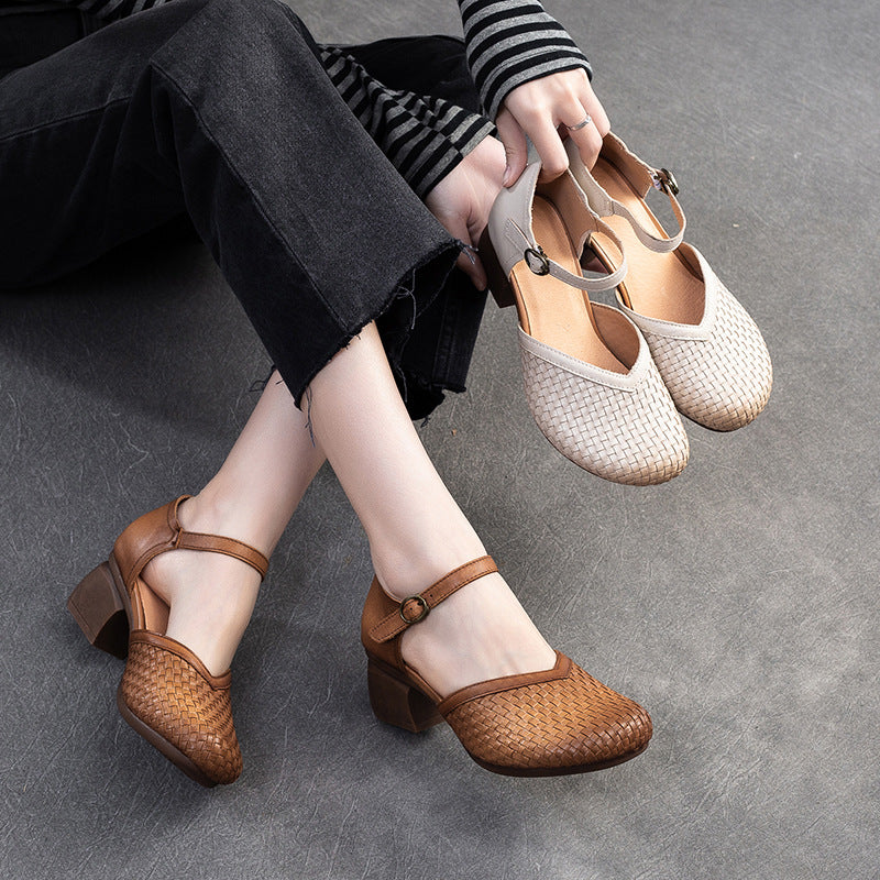 Women Fashion Plaited Leather Chunky Heel Casual Sandals Newgew Shoes