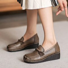 Women Retro Soft Leather Chunky Wedge Loafers Newgew Shoes