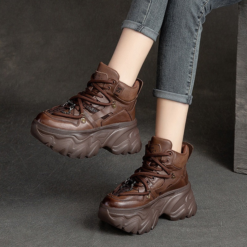 Women Retro Solid Leather Platform Dad Sneakers Newgew Shoes