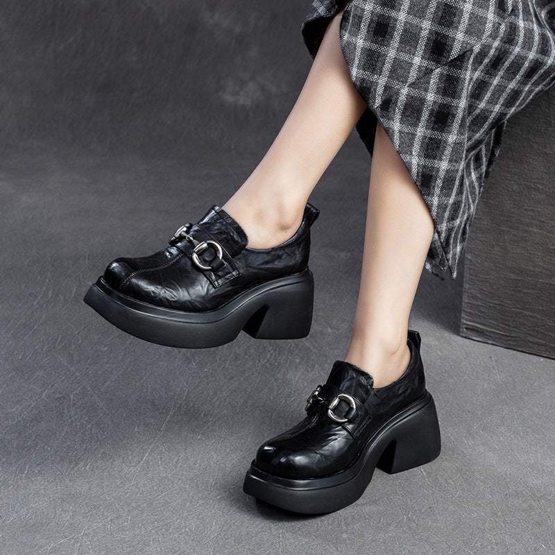 Women Retro Pleated Leather Chunky Heel Loafers Newgew Shoes