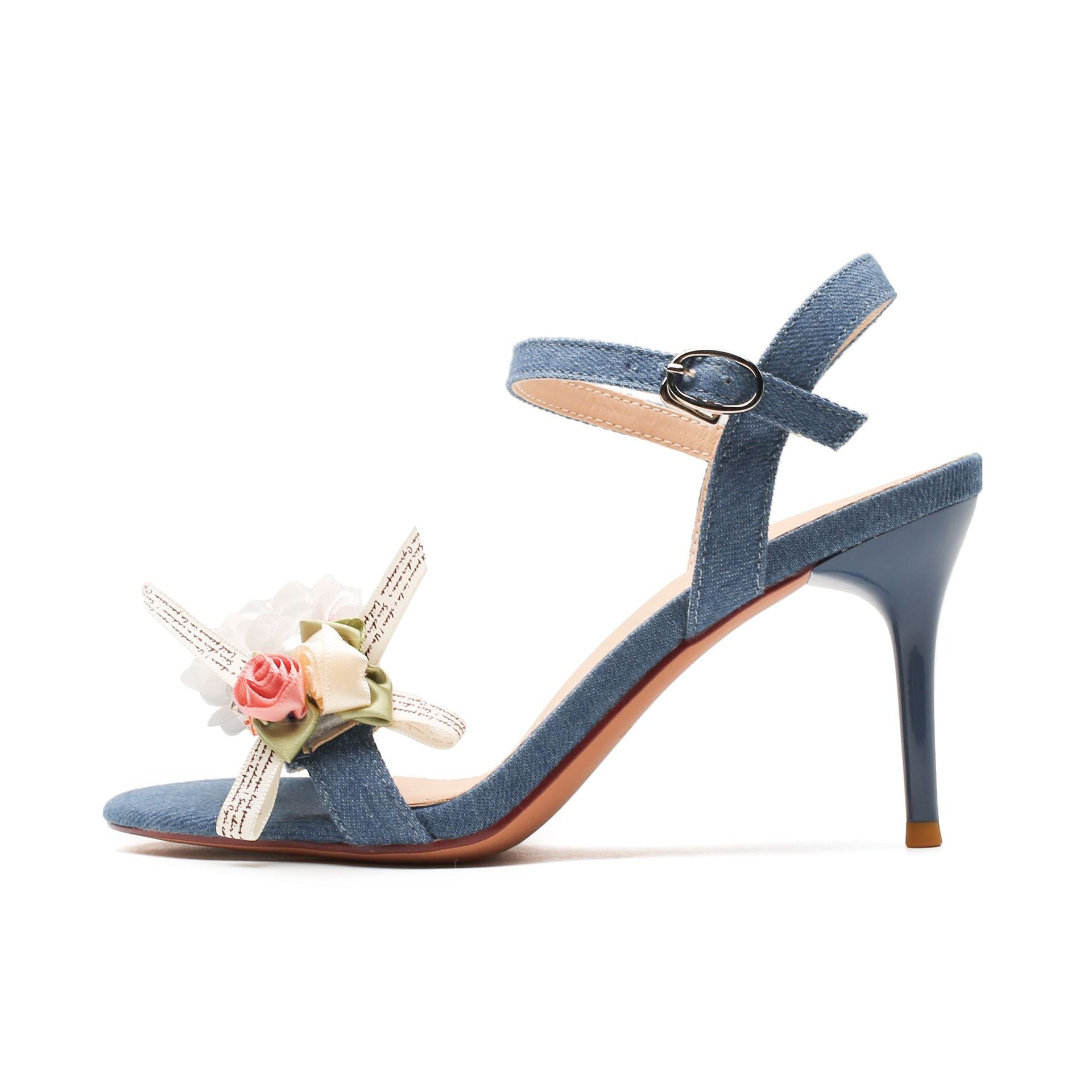 Handmade Ankle Strap Heeled Sandals with Flower Decoration Newgew