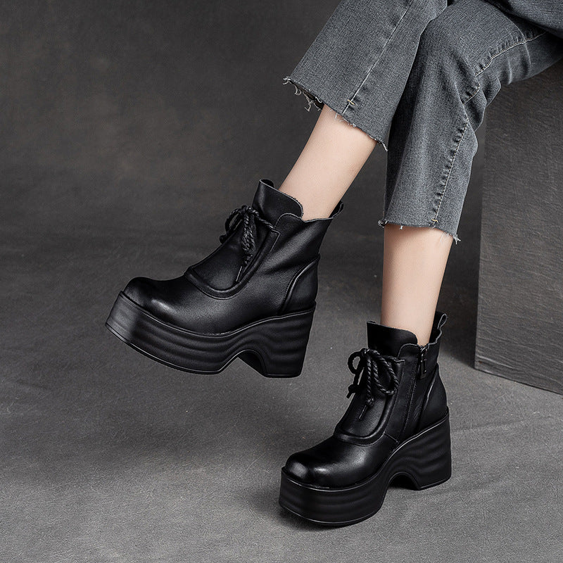 Women Autumn Retro Leather Chunky Platform Boots Newgew Shoes