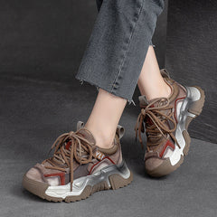 Women Retro Patchwork Leather Platform Dad Sneakers Newgew Shoes