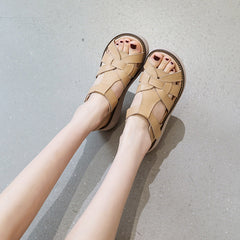 Women Retro Soft Leather Casual Wedge Sandals Newgew Shoes