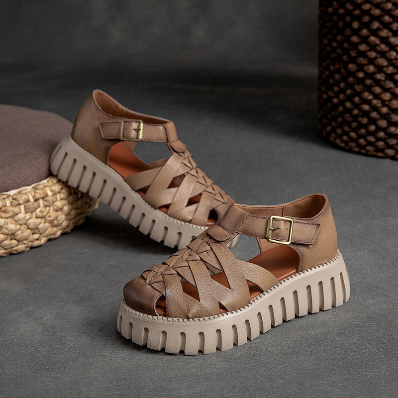 Women Handcraft Plaited Leather Platform Summer Sandals Newgew Shoes