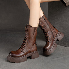 Women Retro Leather Chunky Platform Mid Calf Boots Newgew Shoes