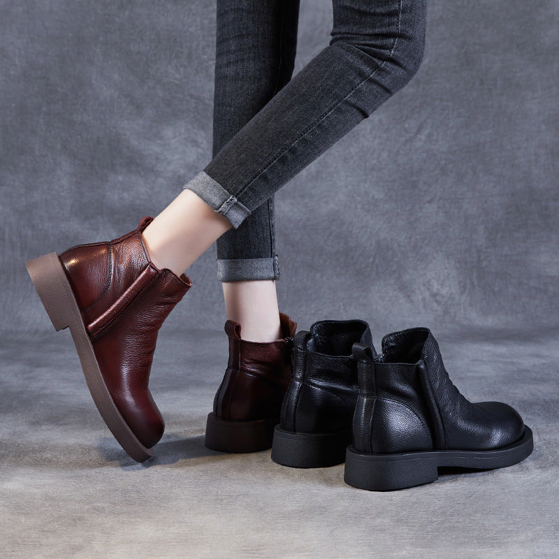 Women Retro Minimalist Solid Leather Casual Ankle Boots Newgew Shoes