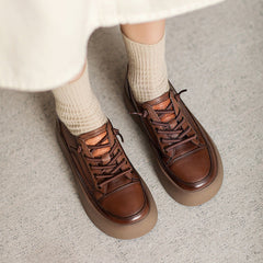 Women Retro Leather Flat Thick Soled Casual Shoes Newgew Shoes