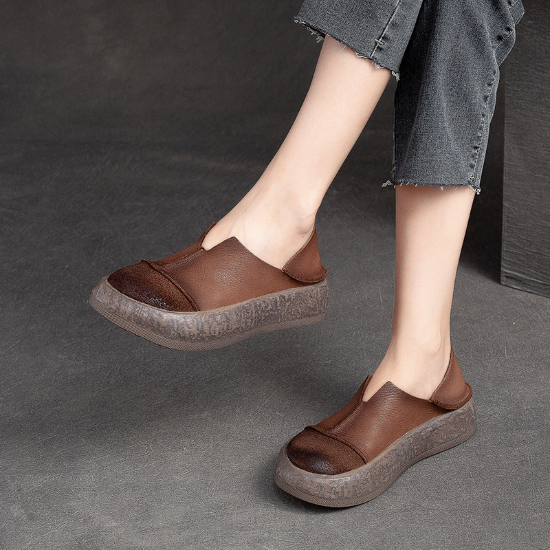 Women Retro Soft Leather Flat Thick Soled Casual Shoes Newgew Shoes
