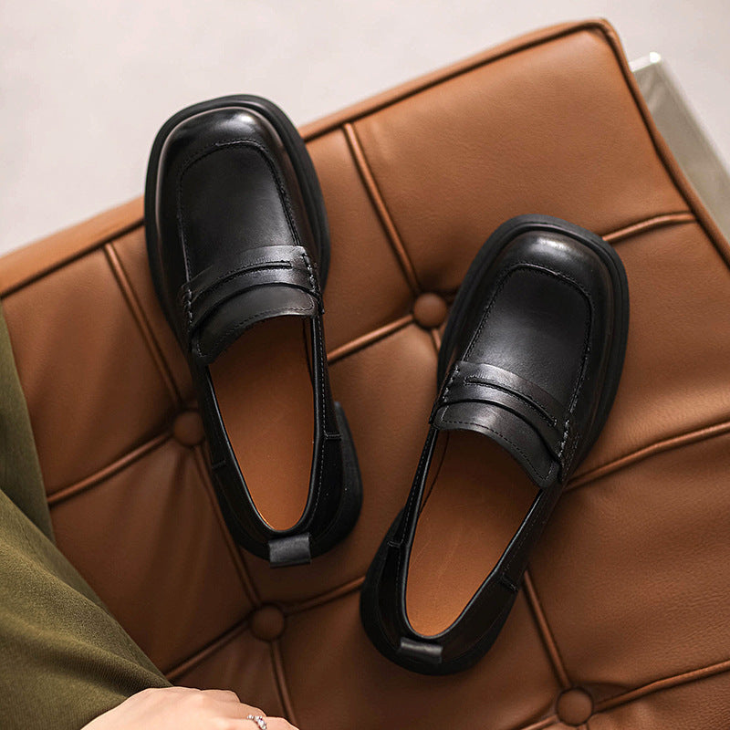 Women Retro Leather Square Head Thick Soled Loafers Newgew Shoes