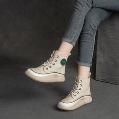 Women Retro Patchwork Leather Lace-Up Flat Boots Newgew Shoes