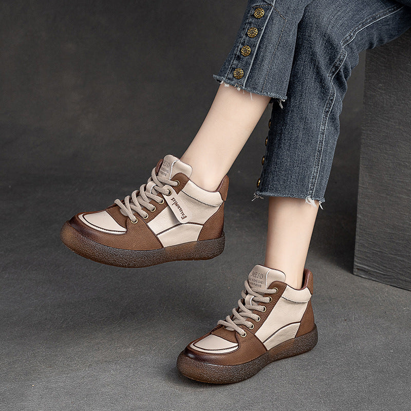 Women Retro Patchwork Leather Flat Casual Boots Newgew Shoes