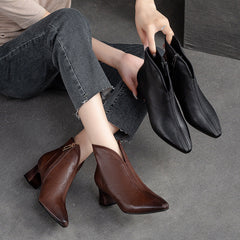 Women Retro Minimalist Leather Chunky Heel Boots Newgew Shoes