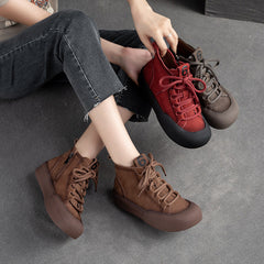 Women Retro Solid Leather Flat Casual Boots Newgew Shoes