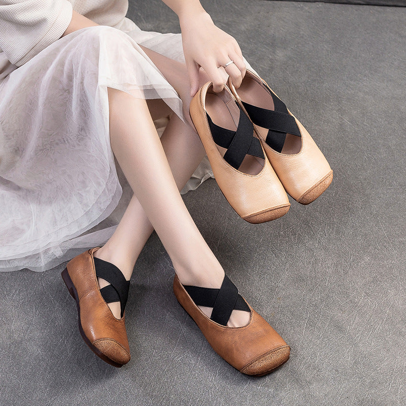 Women Retro Cross Strap Leather Casual Flats Newgew Shoes