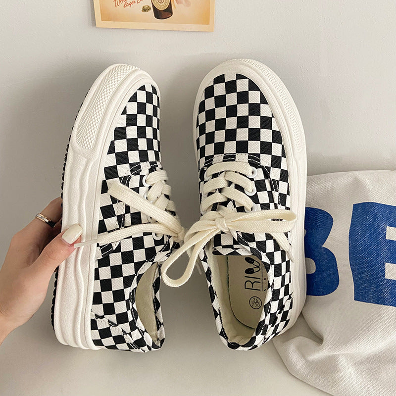 Women's & Men's Plaid Black And White Chessboard Canvas Shoes Newgew