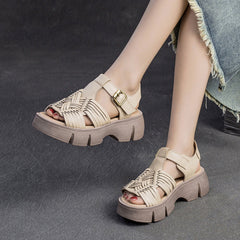 Women Retro Plaited Leather Platform Casual Sandals Newgew Shoes