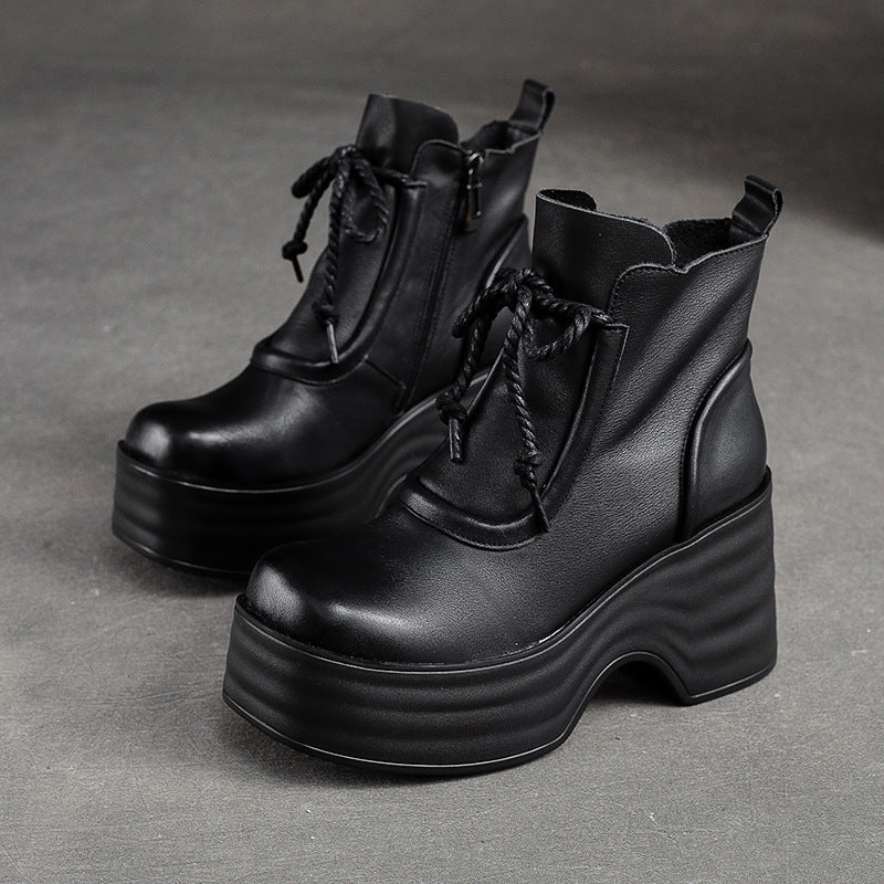 Women Autumn Retro Leather Chunky Platform Boots Newgew Shoes