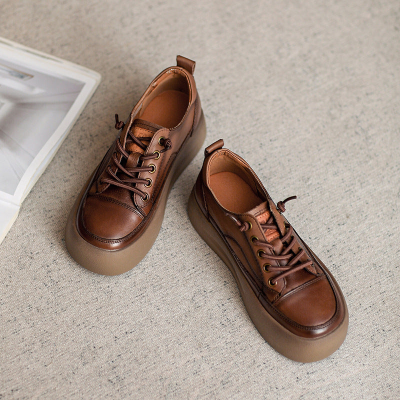 Women Retro Leather Flat Thick Soled Casual Shoes Newgew Shoes