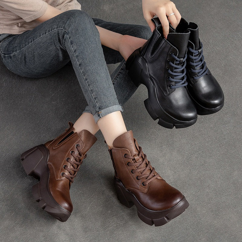 Women Retro Minimalist Leather Chunky Platform Boots Newgew Shoes