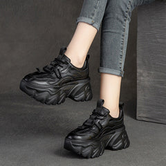 Women Retro Patchwork Leather Chunky Platform Sneakers Newgew Shoes