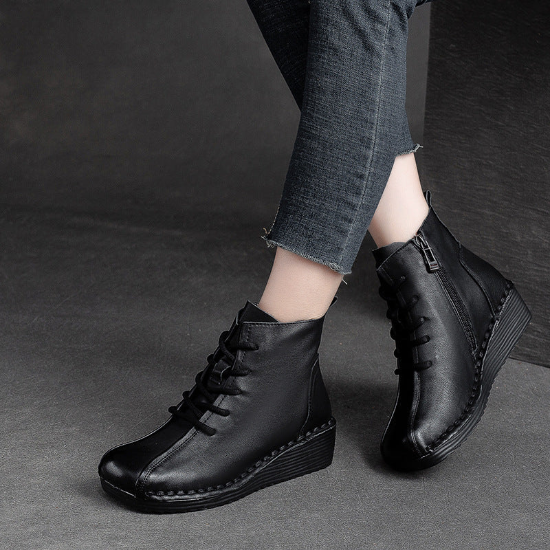 Women Retro Minimalist Leather Low Wedge Ankle Boots Newgew Shoes