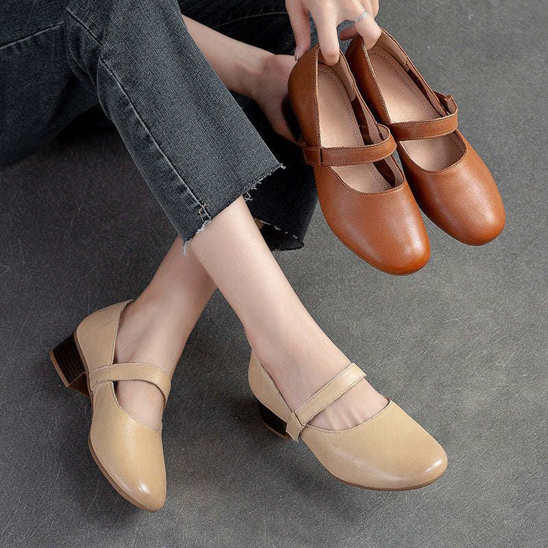 Women Minimalist Casual Retro Leather Chunky Heel Pumps Newgew Shoes