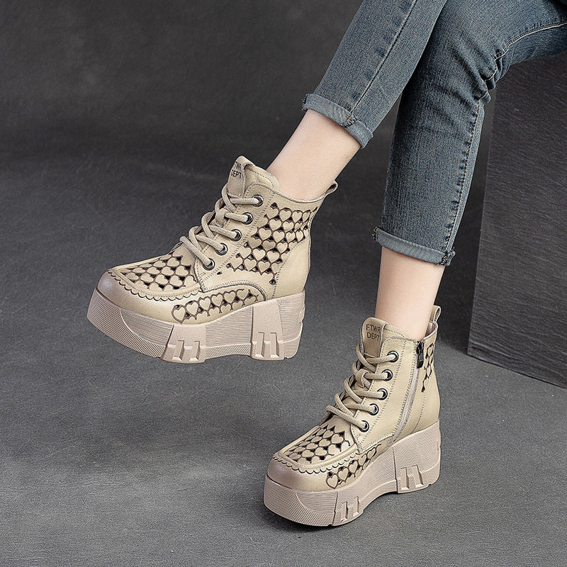 Women Retro Hollow Leather Chunky Platform Boots Newgew Shoes