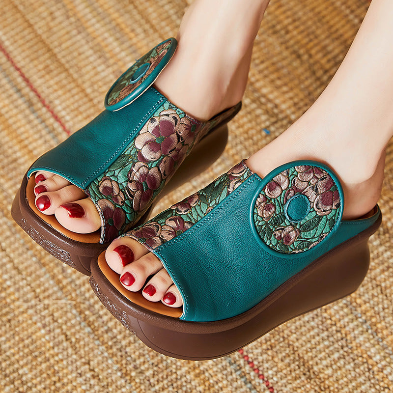 Women Retro Patchwork Cowhide Wedge Slides Newgew Shoes
