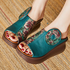 Women Retro Patchwork Cowhide Wedge Slides Newgew Shoes