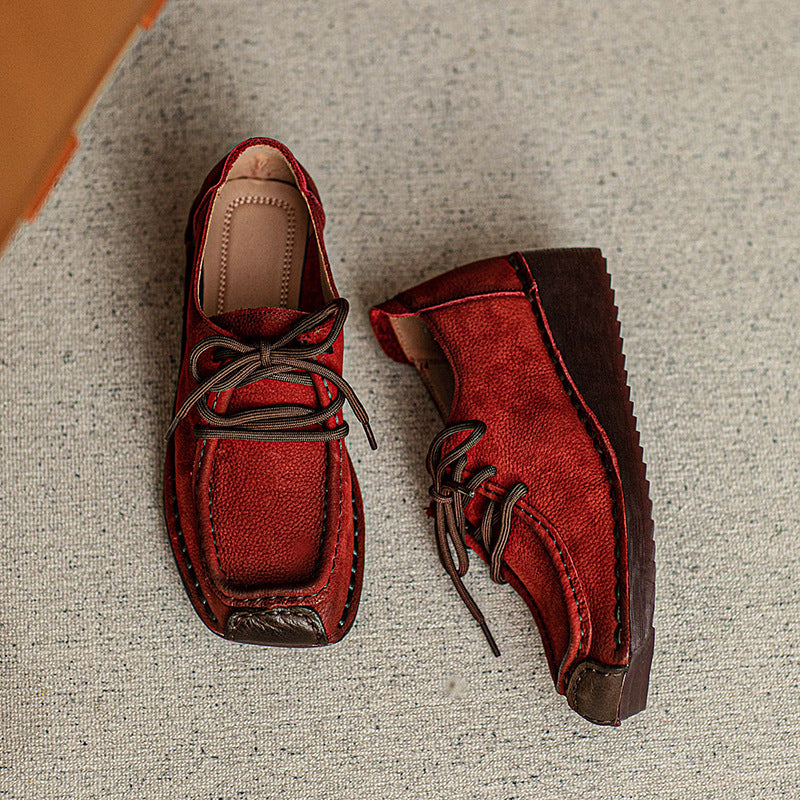Women Retro Leather Square Head Low Wedge Shoes Newgew Shoes